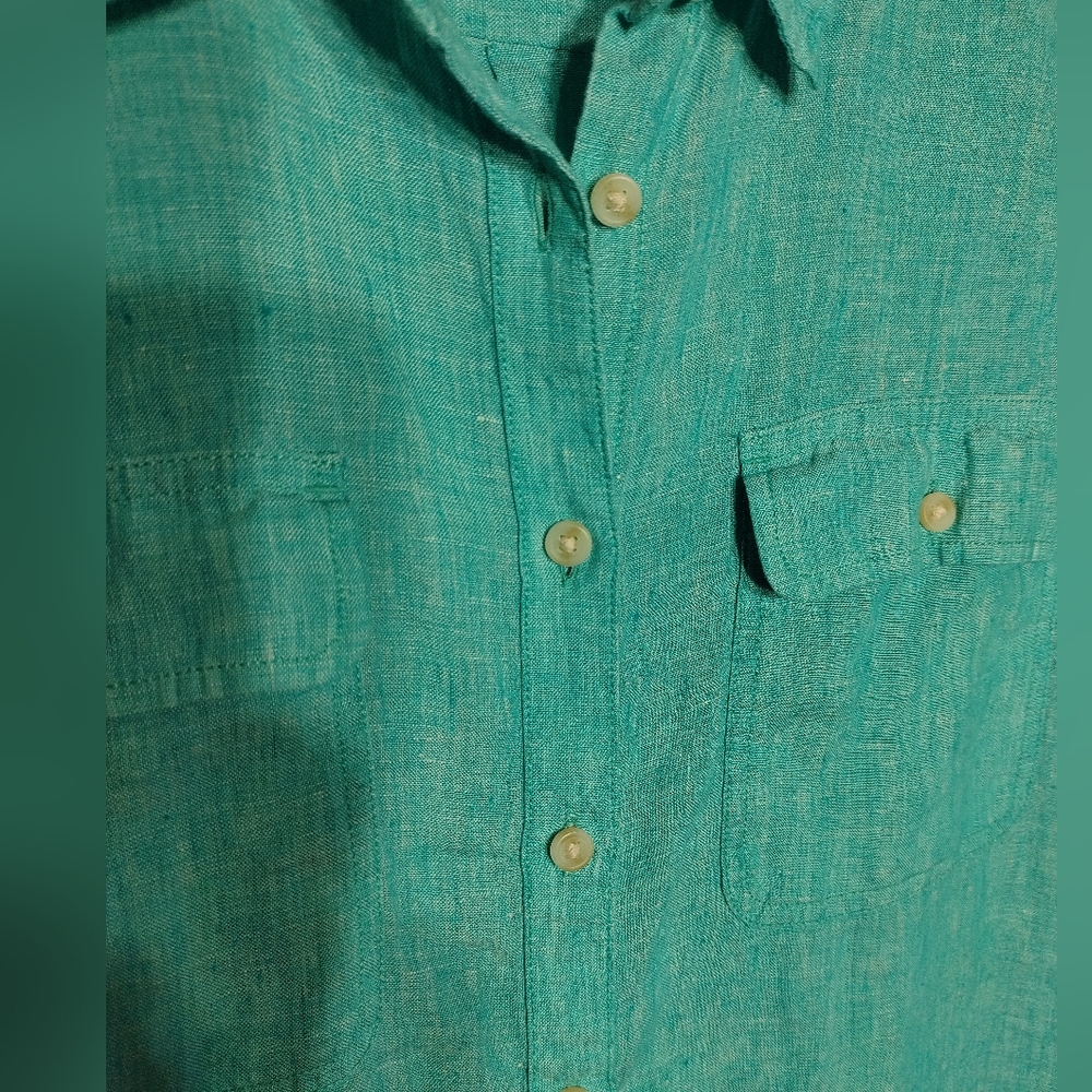 LAND'S END Teal Linen Button Down Shirt - Picture 3 of 6